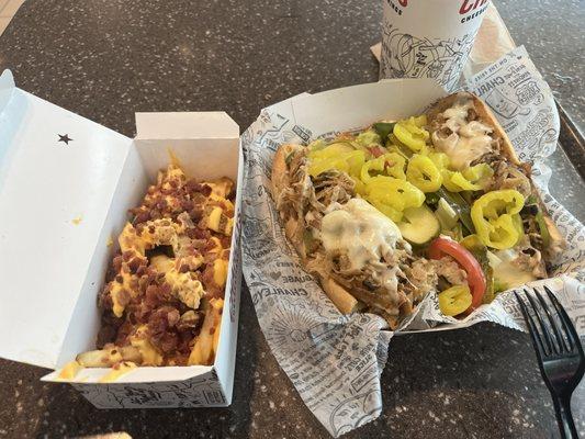 Chicken cheesesteak and bacon cheese fries