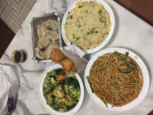 Broccoli with Garlic Sauce, Vegetable Lo Mein, Yang Chow Fired Rice, Steamed Pork Dumplings, Egg Rolls