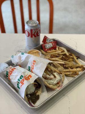 Daily Special (~$10): 2 pita sandwiches (chicken gyro + beef gyro (+50¢), fries, and a soda; with chipotle aioli