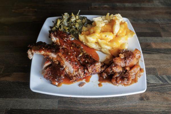 Jack Daniel whiskey glazed rib tips with Mac & Cheese, Yams and greens...