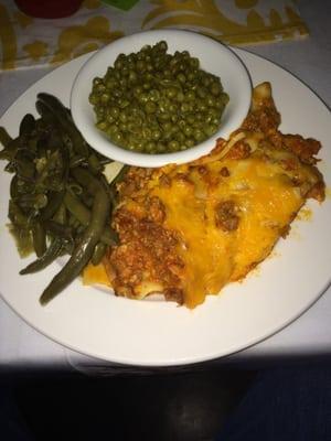 Thursday special lasagna with peas and green beans