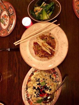 Bottom to top: Crab Fried Rice, Chili Garlic Noodles, and Wok Charred Greens