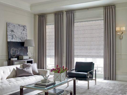 Roman shades with stationary fabric panels. Design Studio by Hunter Douglas.