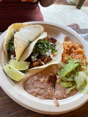 Al pastor taco plate with rice and beans