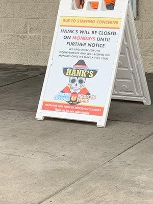 Display sign at Hank's Frozen Custard & Mexican Food.