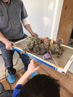 Look at what they found in our ducts. My son reaching out for treasure.