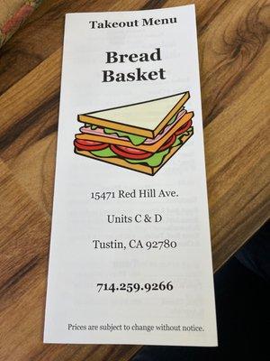 Bread basket Tustin menu