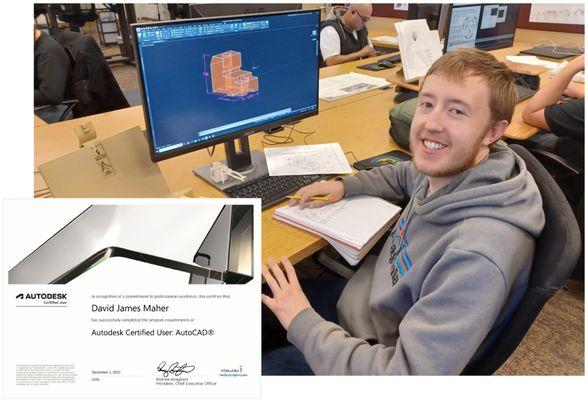 Congratulations to VACE Computer-Aided Design Drafter CTE job training student David Maher for passing the AutoCAD Certified User (ACU) exam