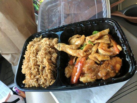 Lunch portion of Happy family, with fried rice, you also get an eggroll and choice of soup for around $8.00. It was delicious!