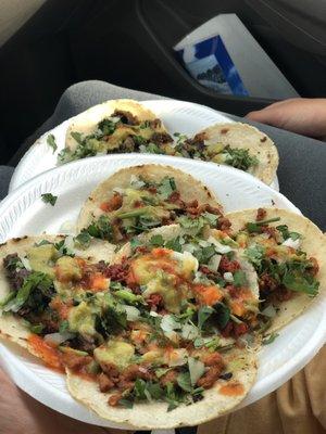 Authentic Mexican tacos. 3 Al Pastor. 1 Asada. 1 Chorrizo.