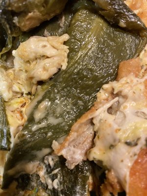 Close-up of gooey masses that are not cheese in chili relleno