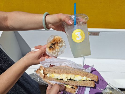 Mentaiko onigiri, egg salad sando, yuzu lemonade