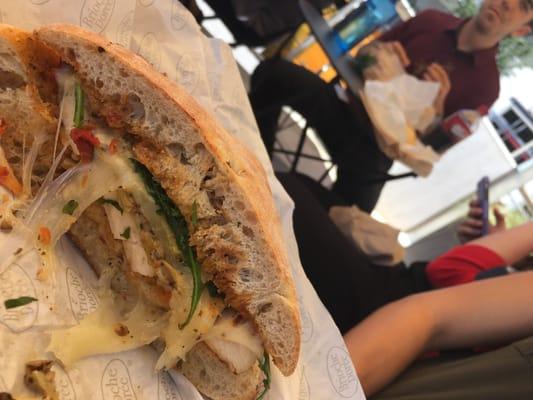 Mediterranean chicken sandwich on a hot summer lunch break.