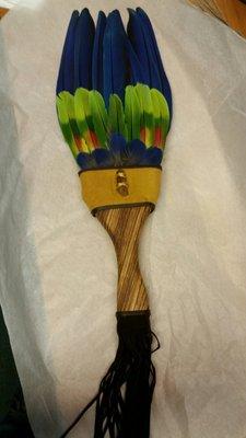 Gayle Fowler creates ceremonial prayer feathers and fans. She takes customer orders as well.