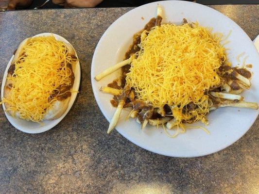 Chili cheese fries and a cheese coney.