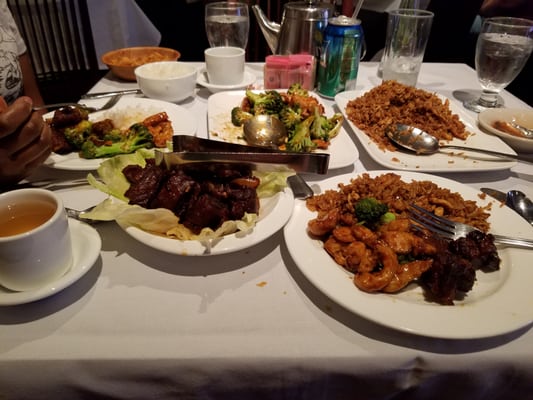 Chicken with broccoli, chicken fried rice and honey hunan ribs