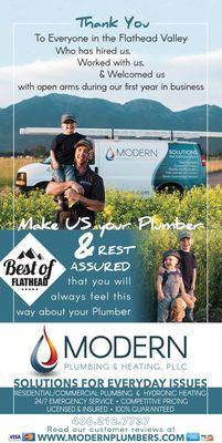 Modern Plumbing and Heating, Best of Flathead, 4th place in its first year of business!