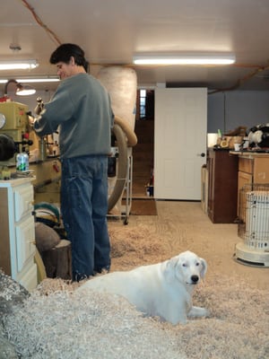 Wood turning studio on site. With a helpful friend.