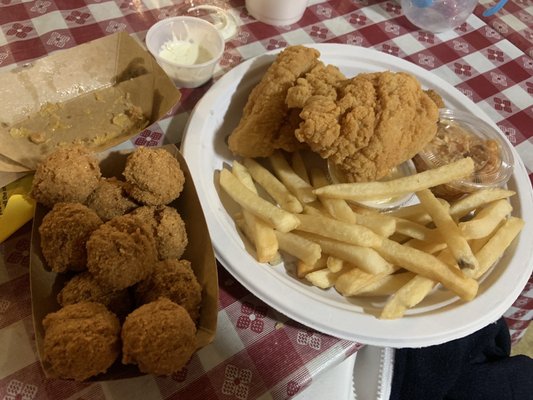 GLUTEN FREE and CELIAC FRIENDLY!!!! hush puppies, catfish filet, fries, cole slaw