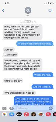 Communication from chef Lala Harrison stating she would pay and has not.