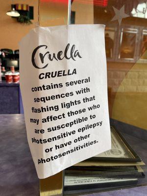 "Cruella" epilepsy warning at the register