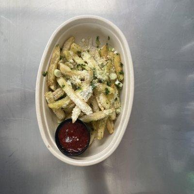 Truffle Fries, Romano Cheese, Garlic and Herb with homemade Tomato Jam.