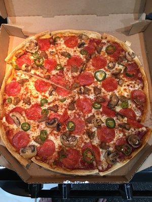 Pepperoni, sausage, mushrooms and jalapeños