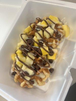 Waffles! 2 waffles with fruit, chocolate chips and Nutella!