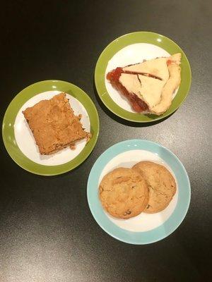 Oatmeal fudge bar, strawberry-rhubarb pie, chocolate chip cookies.