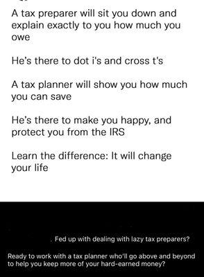 McMillan is a tax preparer. Tax planner saves you money and protects you from the irs. This guy doesn't!!