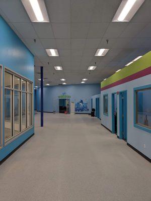 This is the main hallway after walking past the front desk. The pool is on the left, the play/wait area is straight ahead.