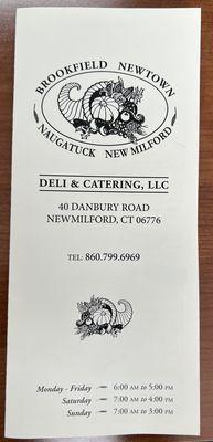 Menu cover: business address, hours and phone number