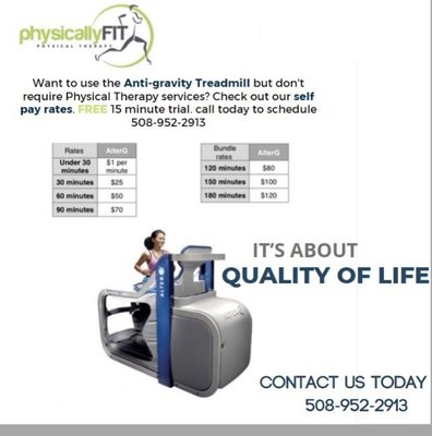 We offer packages for the anti-gravity machine. Call to find out if the anti-gravity is right for you!