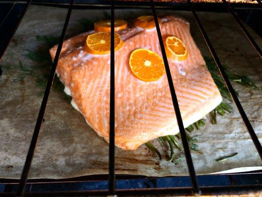 Orange-scented slow roasted wild salmon