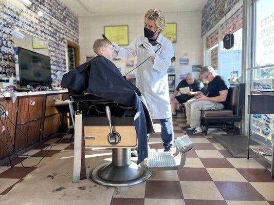 My 2 year old getting a fresh cut. Thanks, Scott!