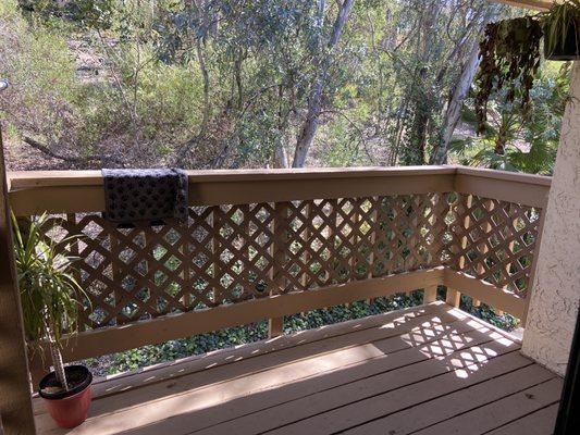 Outdoor balcony. Storage in on the right.