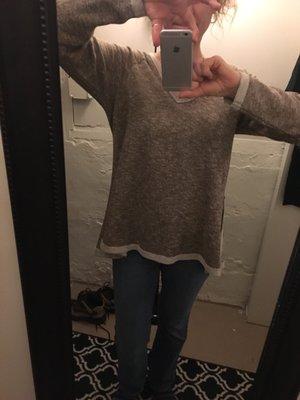 Wearing this with a lace shirt extension underneath and leggings. This sweater is super cozy!