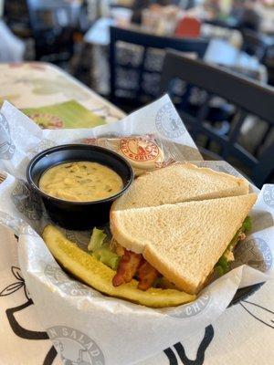 Pimento Cheese BLT with Chicken Artichoke Florentine Soup  Description: Spicy pimento cheese, crispy bacon, fresh lettuce, & sliced tomato.