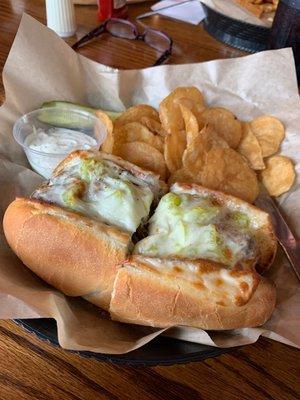 Dads Italian Beef sandwich with homemade chips and dip