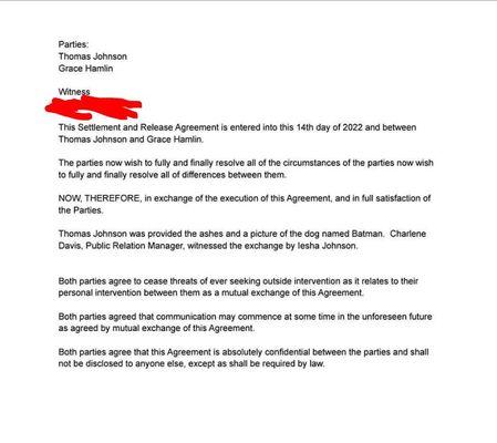 NDA they tried to get me to sign to not go to the public about her. They attempted to strong-arm a dog's ashes in exchange for my silence