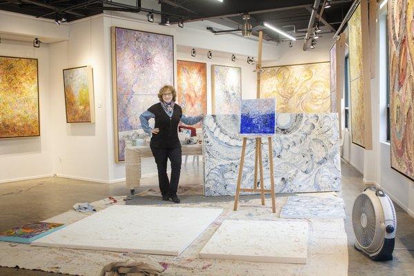 Abstract expressionist Jill Krutick displays her latest paintings in her studio gallery.