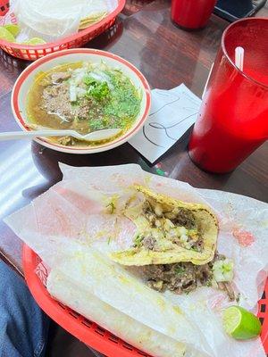 Barbacoa  and birria plate with Horchata Water