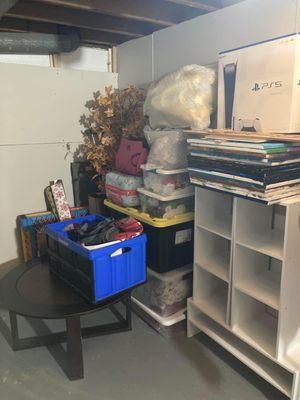 Before and after basement decluttered, cleaned, and organized