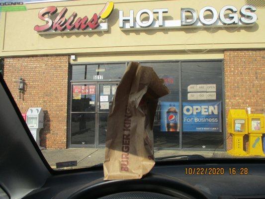 Skins' Hotdogs / Greer: That's my actual dinner, a Whopper Jr. inside the bag on my dash.