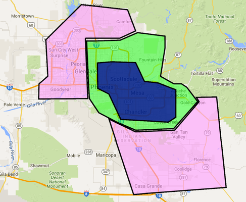 Service area: Blue: No travel fee Green: $25 travel fee Pink: $50 travel fee