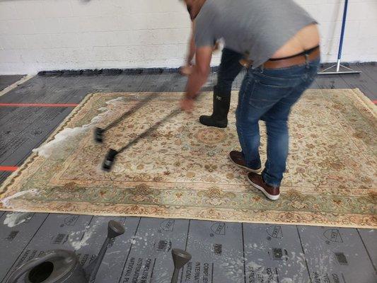 Hand washing a Persian Tabriz Rug wool and silk by Oriental &Persian Rug Cleaning Repair Darmany