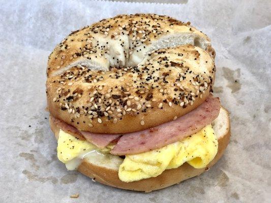 Taylor ham egg and cheese on an everything bagel sandwich