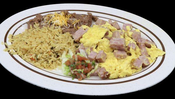 Huevos con jamón 
 Ham and eggs plate 
 Choice of flour or corn tortillas