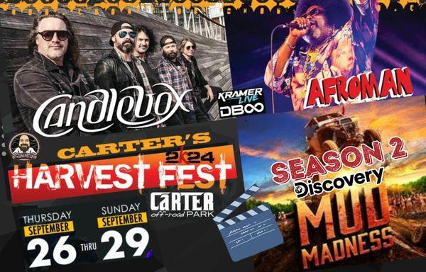 Arkansas Concerts at Harvest Fest Featuring Candlebox and Afroman 09/26/2024.  Discovery's Mud Madness will be filming that weekend.