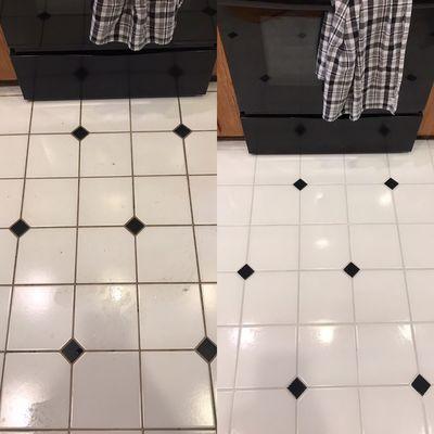 Before and after on a tile cleaning and grout staining.